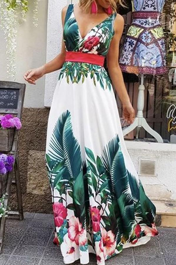 Fashion V Neck Sleeveless Print Sexy Party Maxi Dress