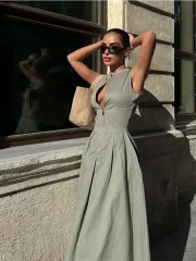 Bokeni Sexy Solid Sleeveless Women Zipper Long Pleated Dress Fashion V-neck Zipper Slim Sleeveless Dresses 2025 Summer Office Lady Robe