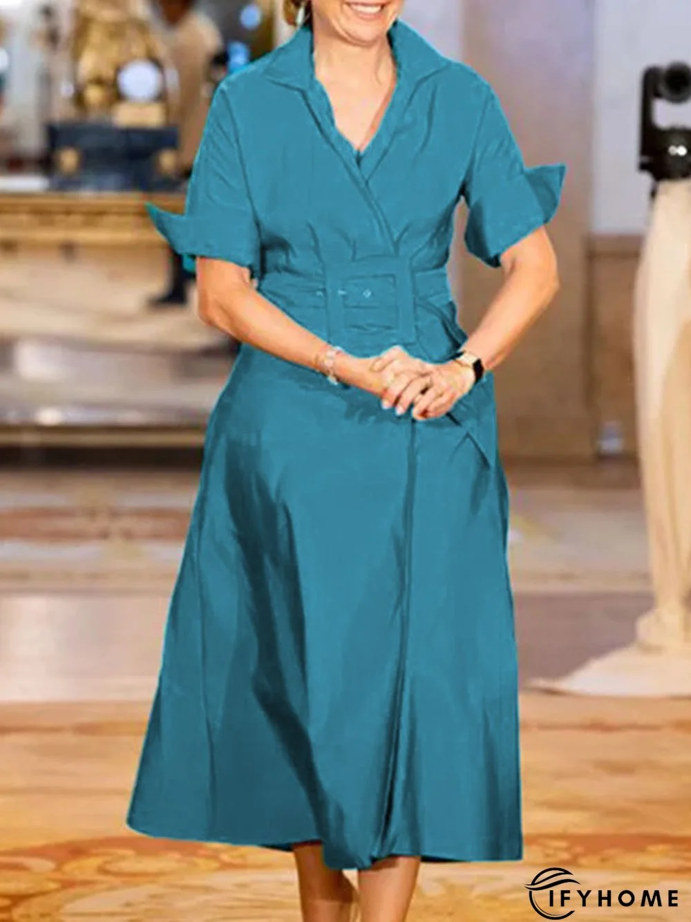 Cotton Elegant Shirt Collar Solid Dress With Belt | IFYHOME