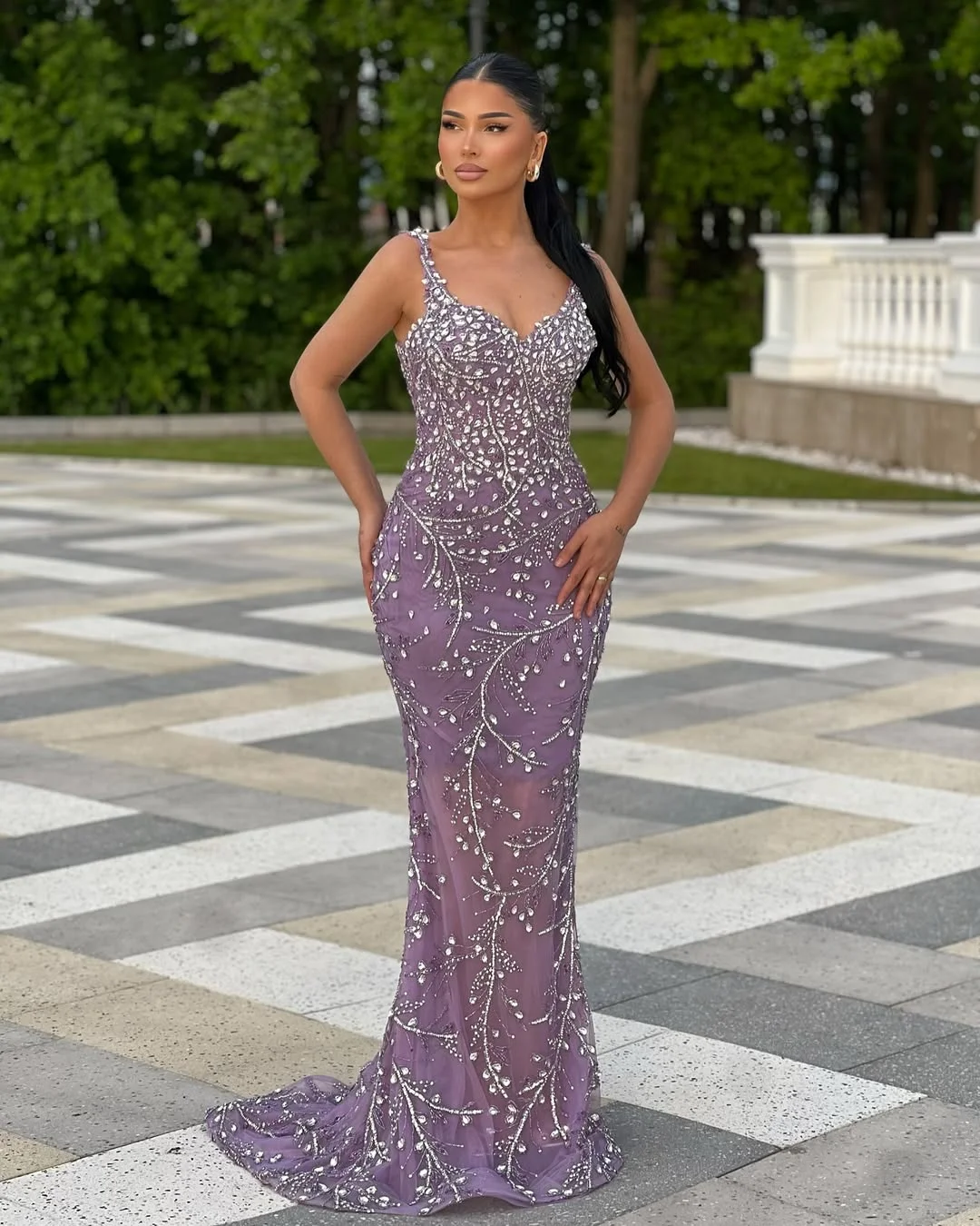 Elegant Lavender Sleeveless Beadings Mermaid Prom Dress YK0248
