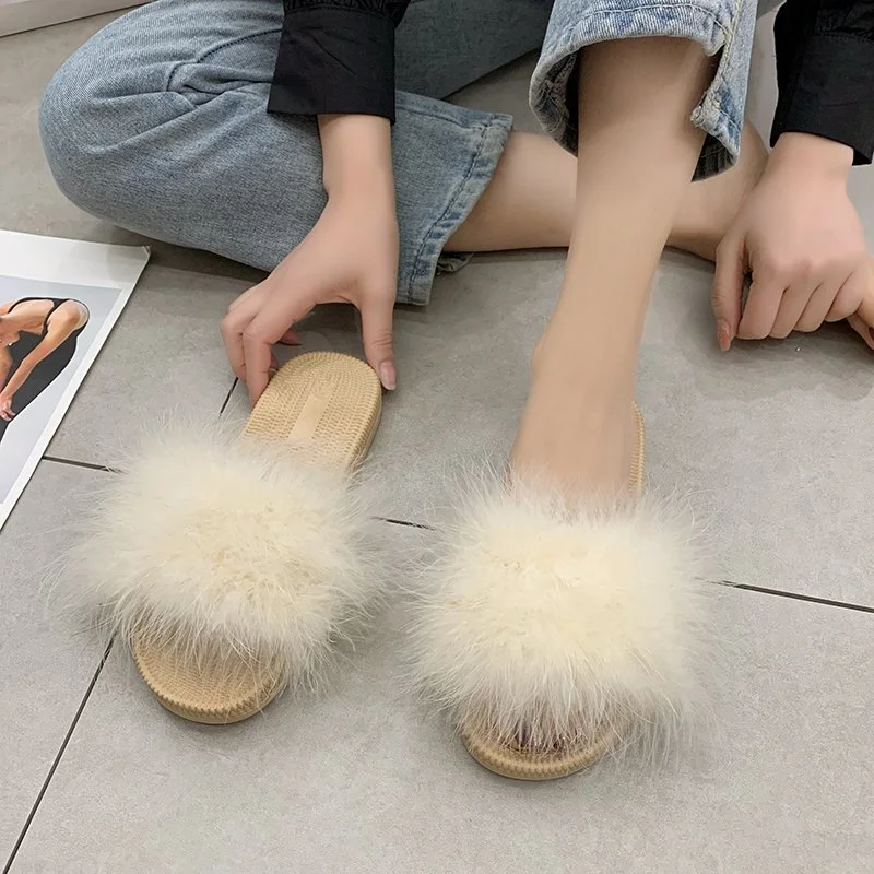 Qengg Autumn Winter Korean Version of The New Flat-bottomed Fur Slippers Women Outer Wear Fashionable Net Red Sandals Flip Flops