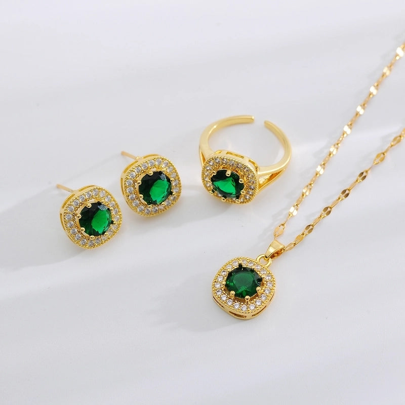 Copper 18K Gold Plated Minimalist Shiny Inlay Square Zircon Rings Earrings Necklace