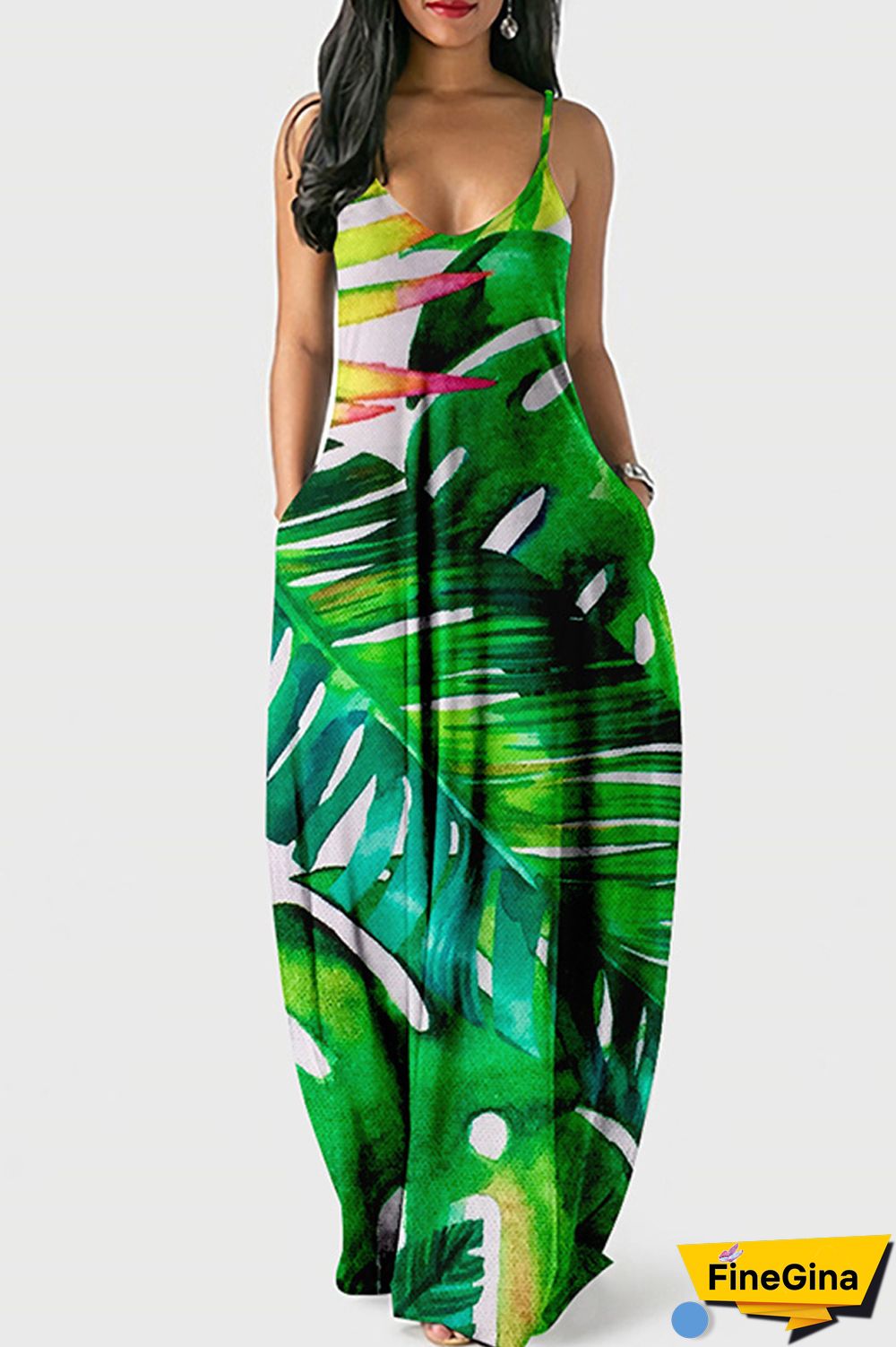 Cyan Green Sexy Casual Print Backless Spaghetti Strap Long Dress Dresses