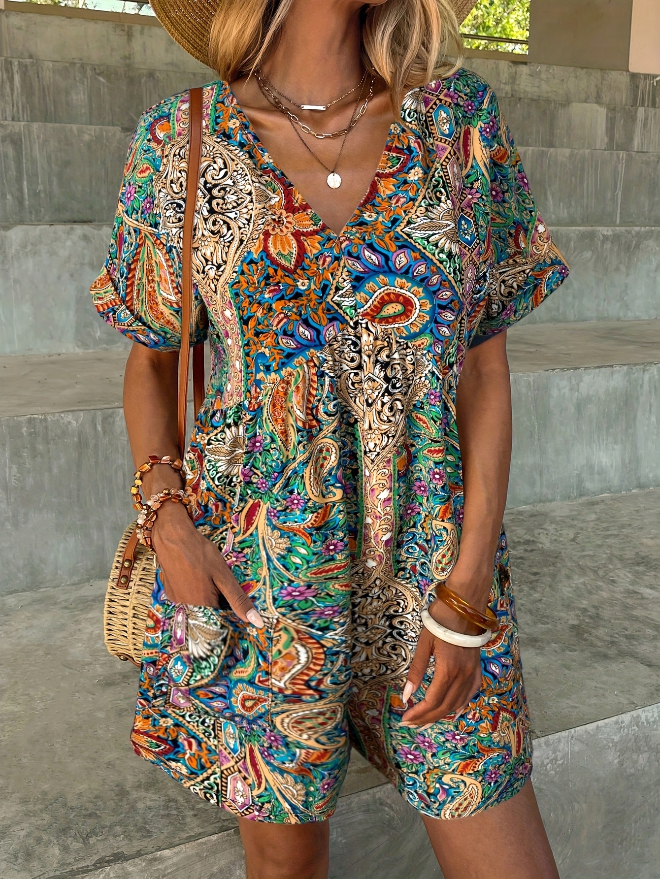 Elegant Navy Blue V-Neck Jumpsuit For Women - Short Sleeve, Ruched Detail, Wide-Leg Design, Perfect For Spring/Summer, Casual To Formal Wear, Casual Summer Wear | Vneck Jumpsuit | Ruched Detailing, Jumpsuit For Summer | IFYHOME