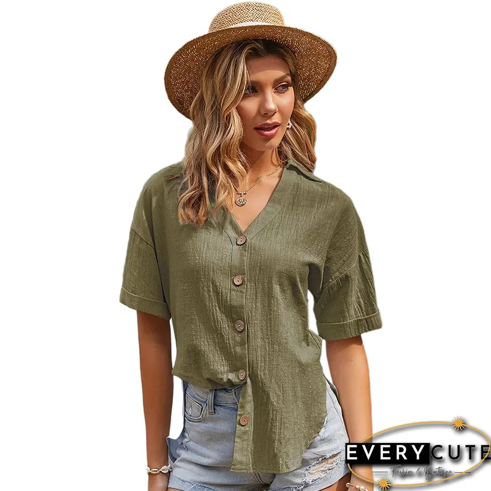 Army Green Side Split Button Short Sleeve Shirt