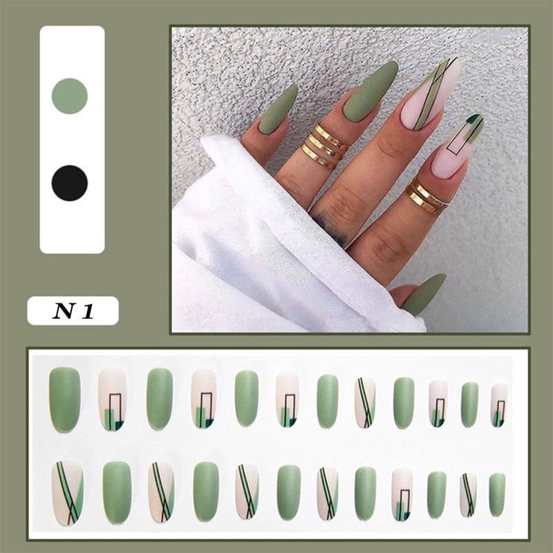 24pcs false nails matte Green Nails Patch with glue Removable Long Paragraph Fashion Manicure press on Nail tips free shipping