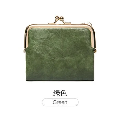 Women's Wallet Short  Bifold Retro Multifunction Coin Purse with Zip and Kiss Lock Green PU Leather Female Short Purses