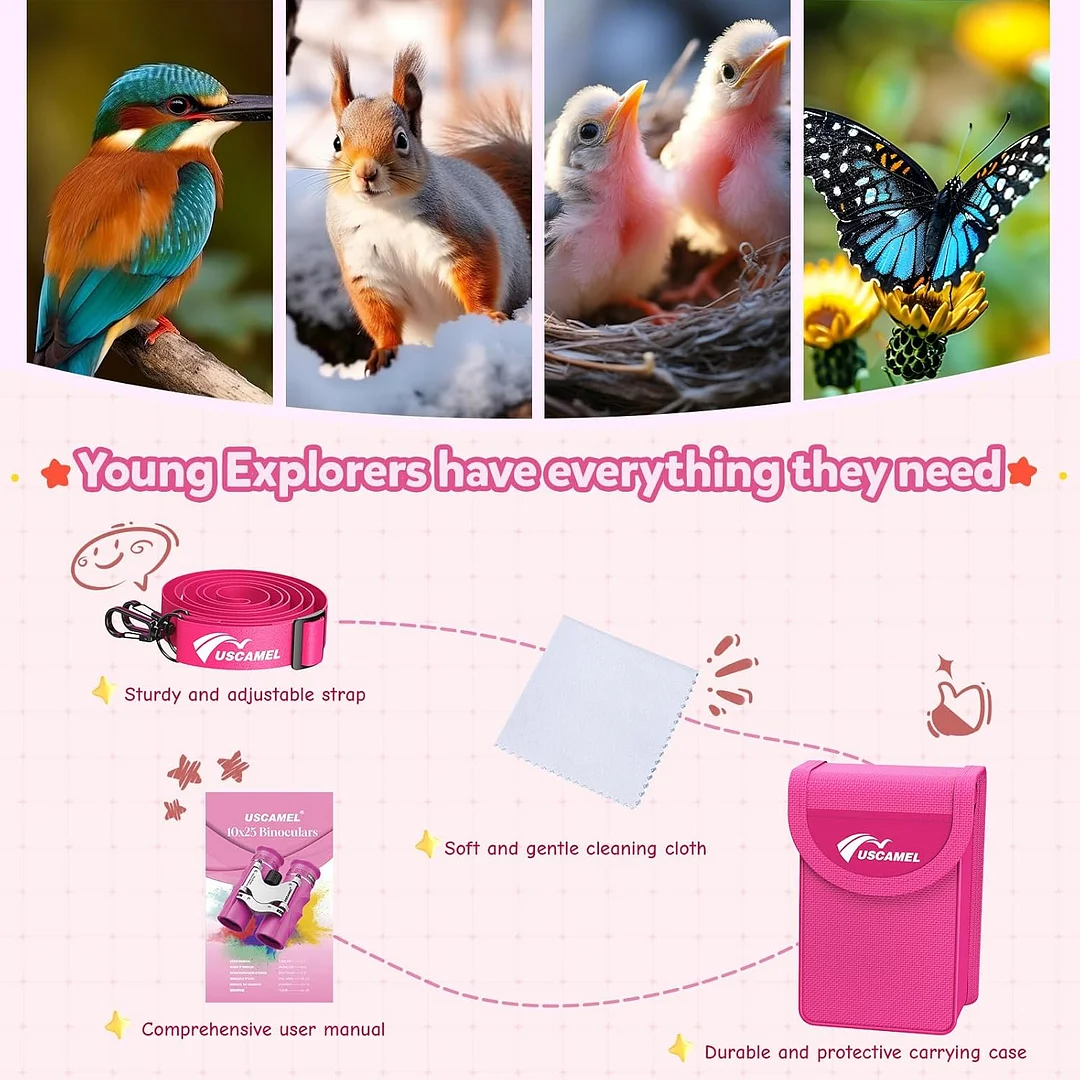 Binoculars for Kids 8-12,Compact Travel Binoculars with BAK-4 Prism, Fully Multi-Coated Optics, Carry Bag & Neck Strap（Pink）