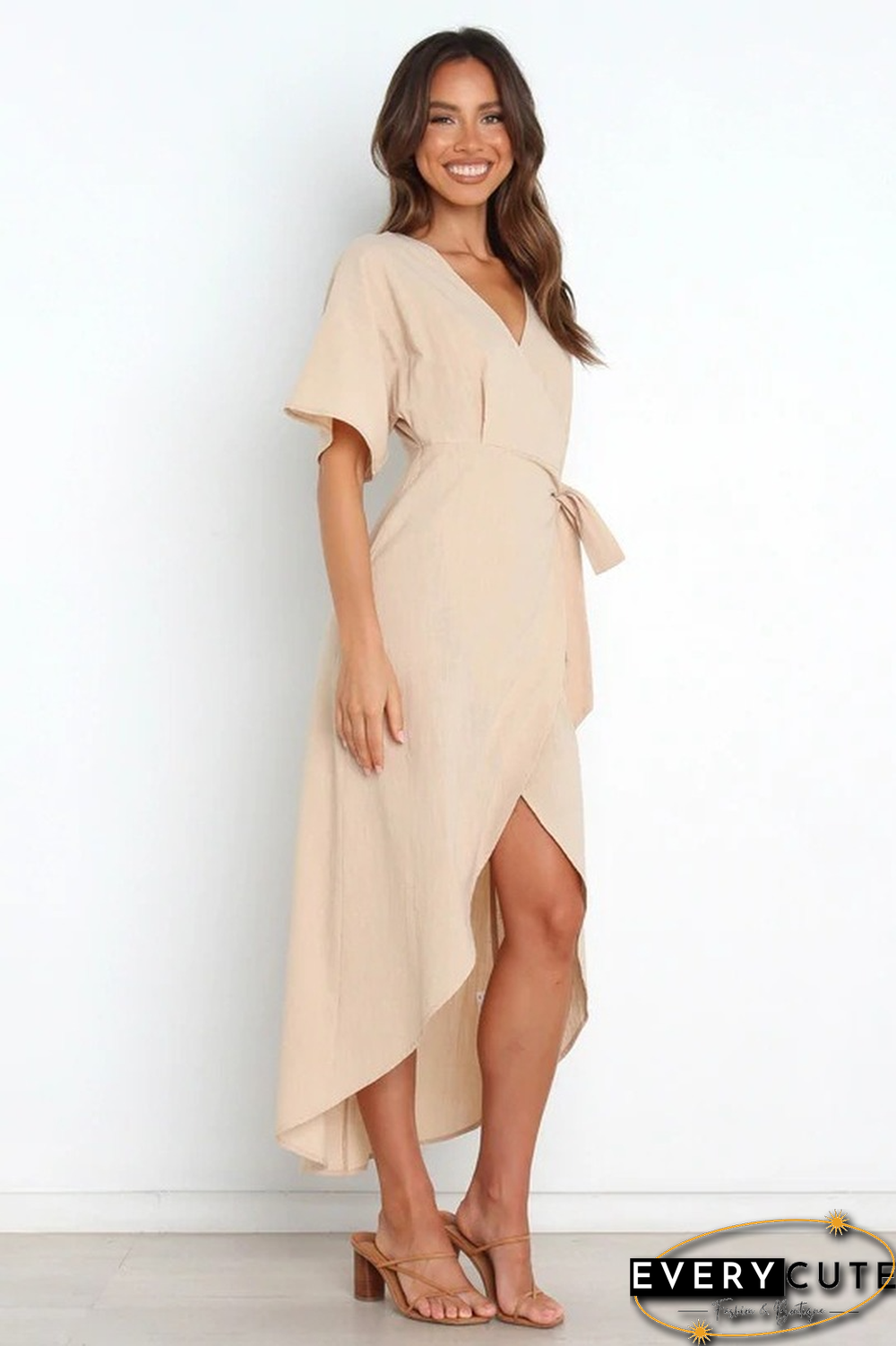 Elegant Fashion V-neck Lace-up Women Summer Dress New Female Casual High Waist Solid Color Short Sleeve A-line Soft Dresses