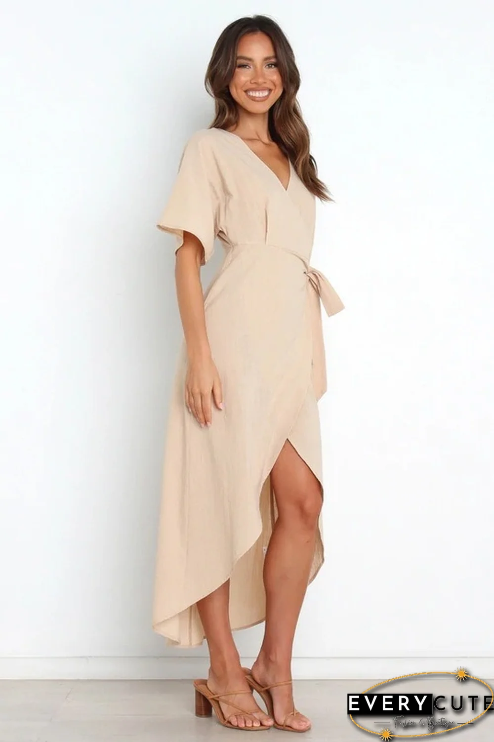 Elegant Fashion V-neck Lace-up Women Summer Dress New Female Casual High Waist Solid Color Short Sleeve A-line Soft Dresses