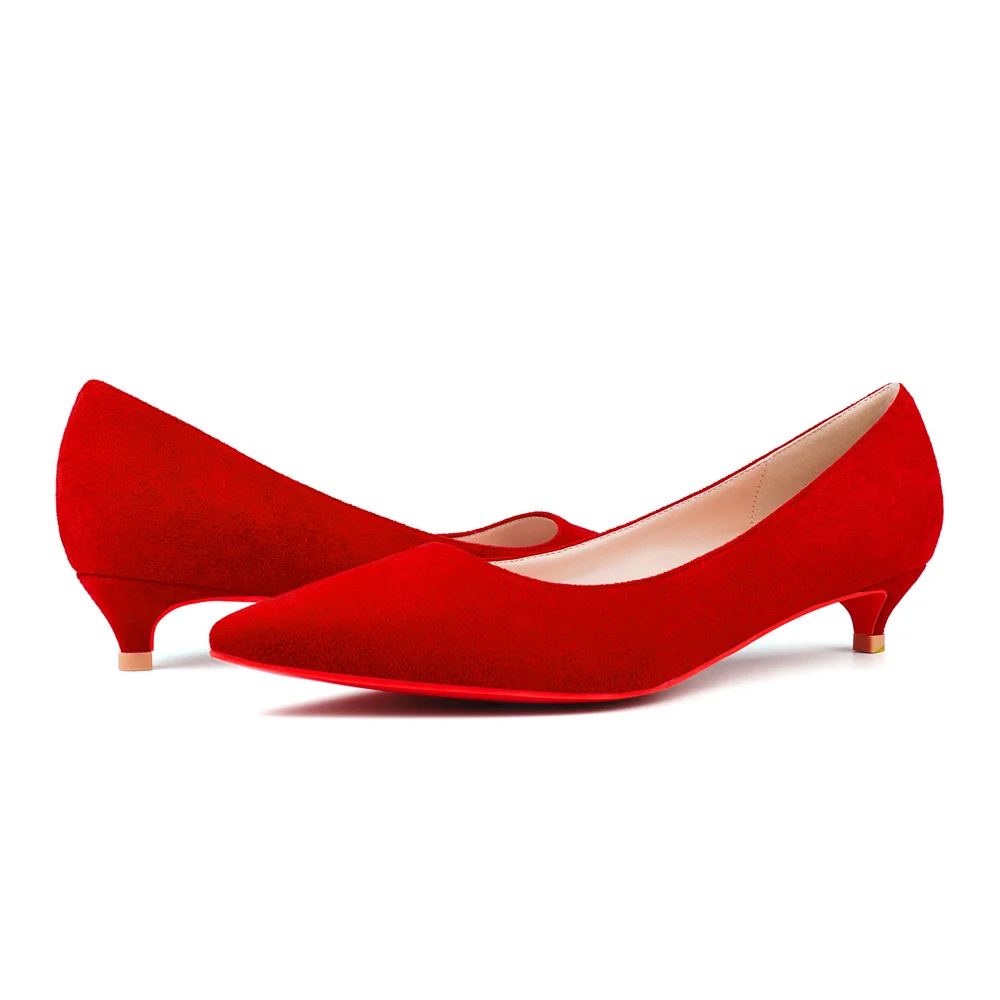 30mm Pointed Toe Red Bottom Kitten Heels Slip On Daily Office Comfortable Suede Pumps for Women-MERUMOTE