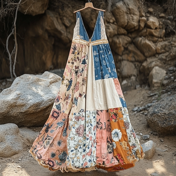 Women's Vintage Bohemian Denim Patch Sleeveless Dress