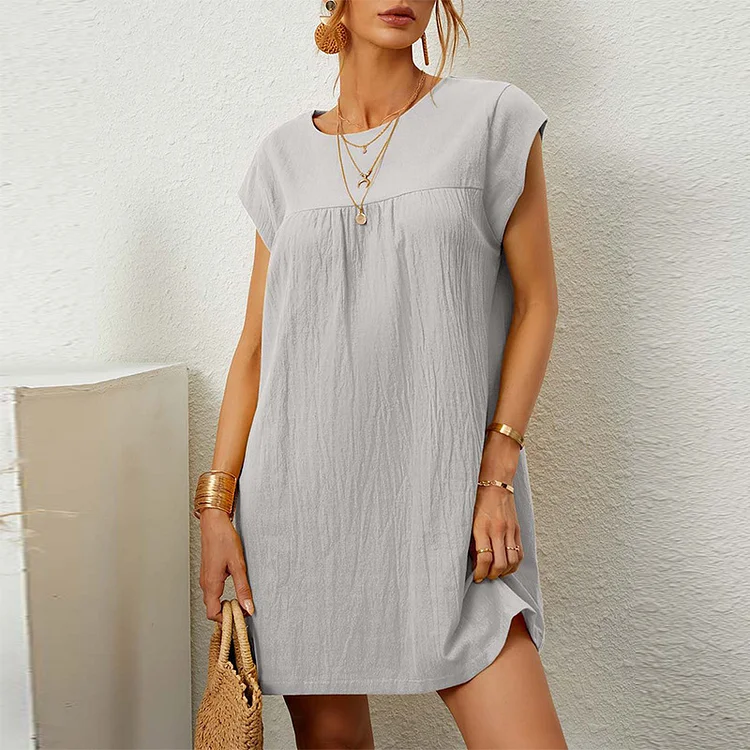 VChics Solid Color Cotton And Linen Sleeveless Round Neck Dress