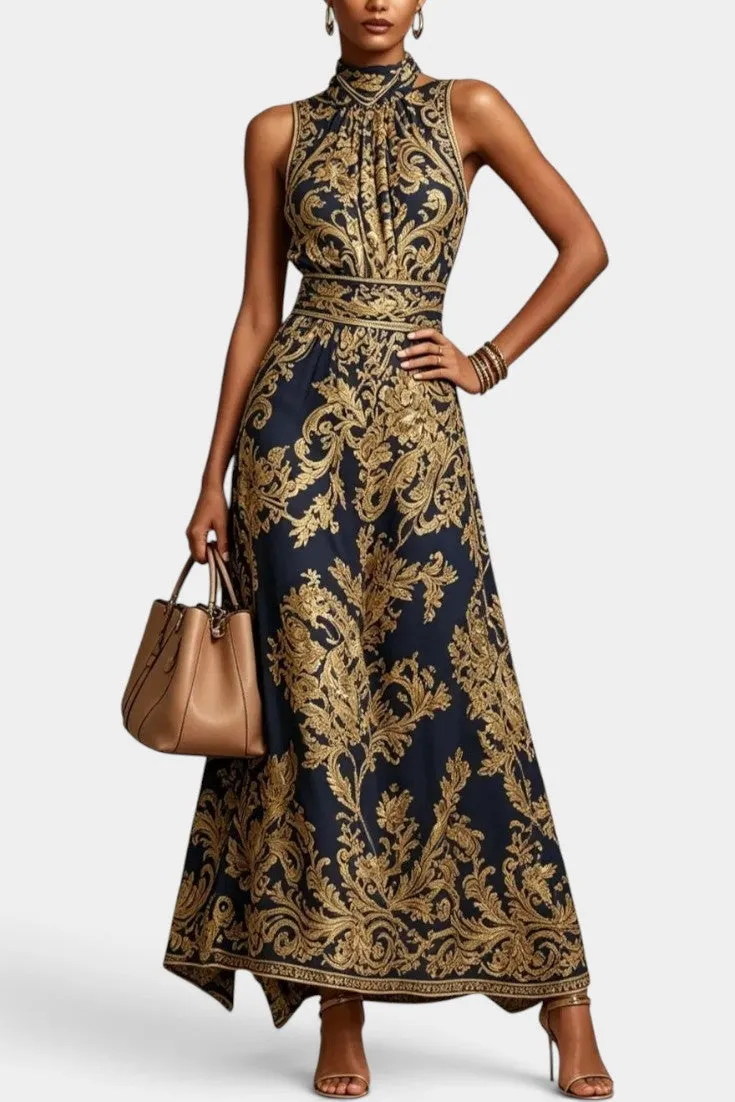 Luxurious High Neck Maxi Dress with Embroidery
