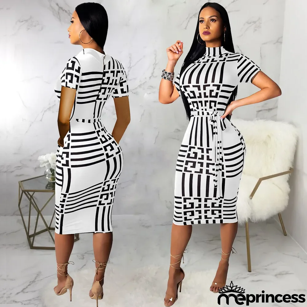 Sexy Printed Short Sleeve Sashes Slim Midi Dress