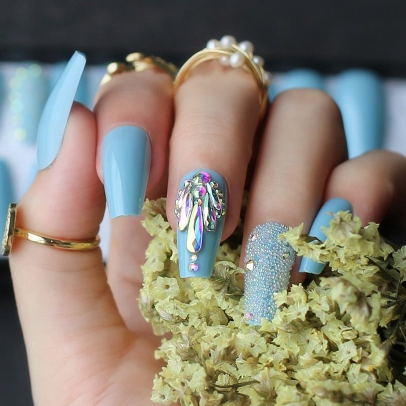 Sky blue fake nails summer nail crystal sparkling coffin Acrylic nails diamond Luxurious caviar