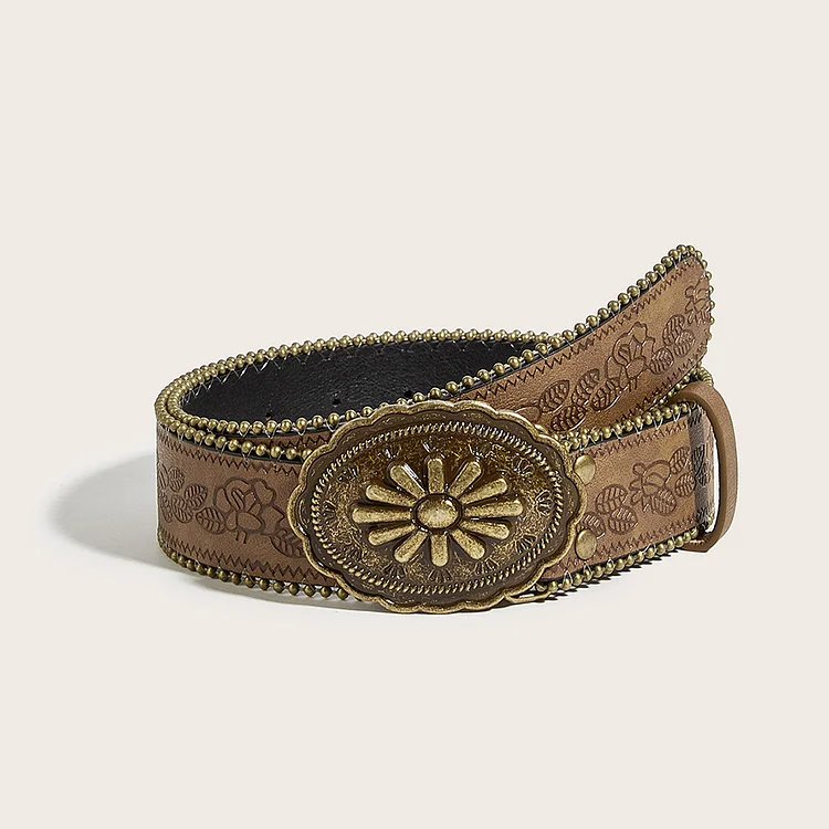 Retro Distressed PU Leather Beaded Embossed Belt