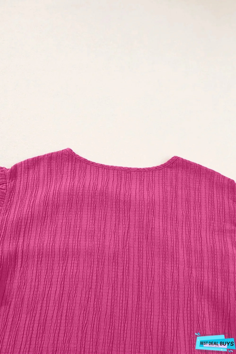 Rose Red Textured Ruffled Sleeve V Neck Top