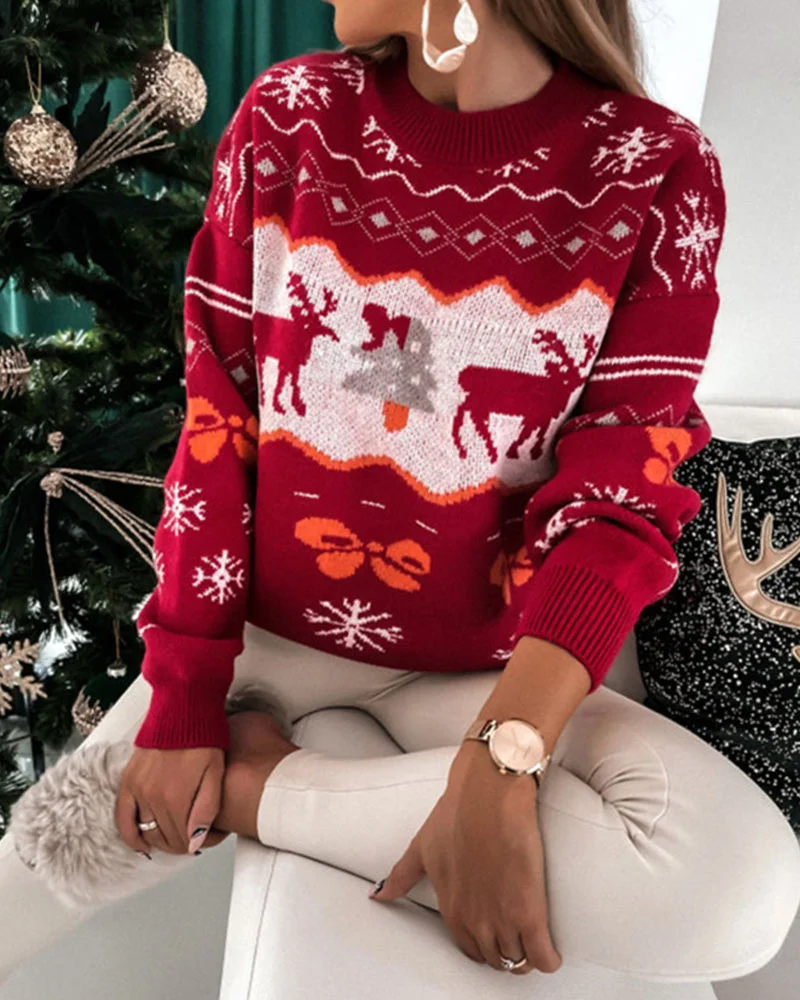 Christmas Elk Jacquard Loose Crewneck Sweater