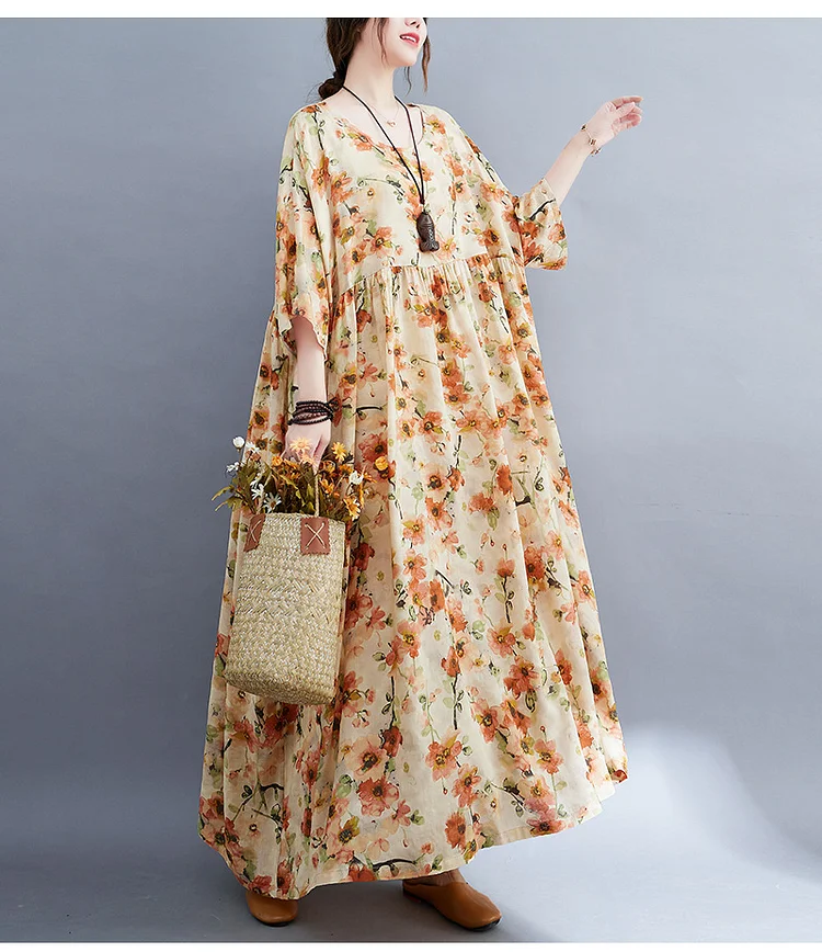 Vintage Print Crew Neck Short Sleeve Midi Dress - yankia
