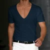 Men's Basic White Deep V-Neck Cotton Short Sleeve T-Shirt by Inlyline