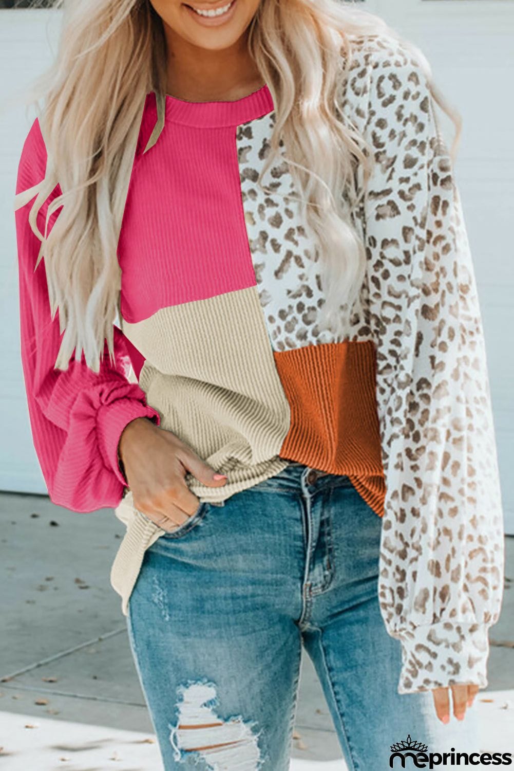 Patchwork Color Block Ribbed Long Sleeve Top
