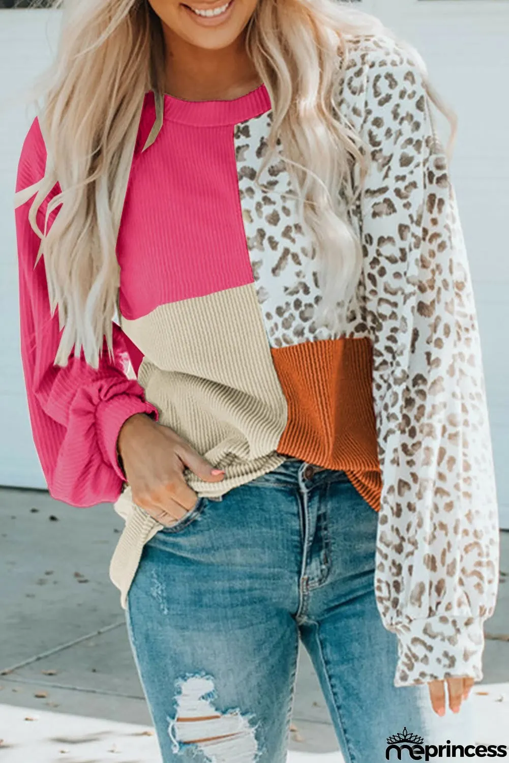 Patchwork Color Block Ribbed Long Sleeve Top