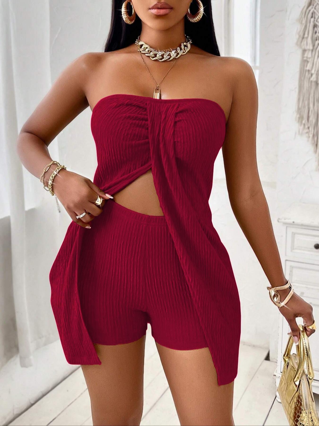 Women's Summer Plain Textured Fabric Twist Front Split Sleeveless Top Short Pants Set, Elegant Slim-Fitting Two-Piece Slit