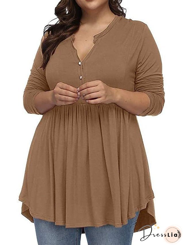 T shirt Tee Light Blue claret Deep Purple Plain Button Flowing tunic Long Sleeve Daily Weekend Basic V Neck Long Plus Size L for Women