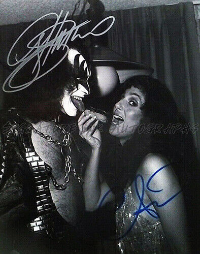 CHER & GENE SIMMONS SIGNED AUTOGRAPHED 8X10 Photo Poster painting RARE VINTAGE B&W reprint