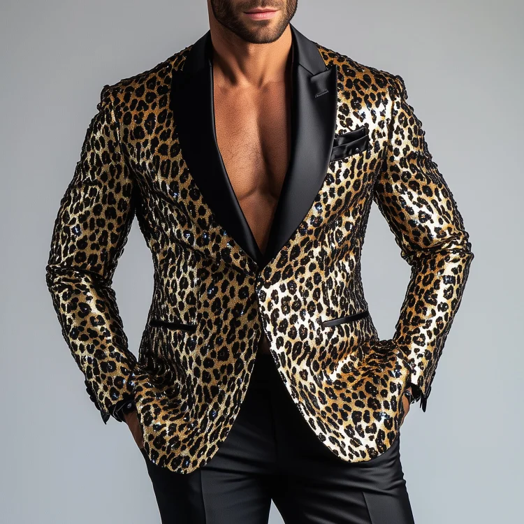 Okaywear Sequin Leopard Pattern Peak Lapel Long Sleeve Blazer 