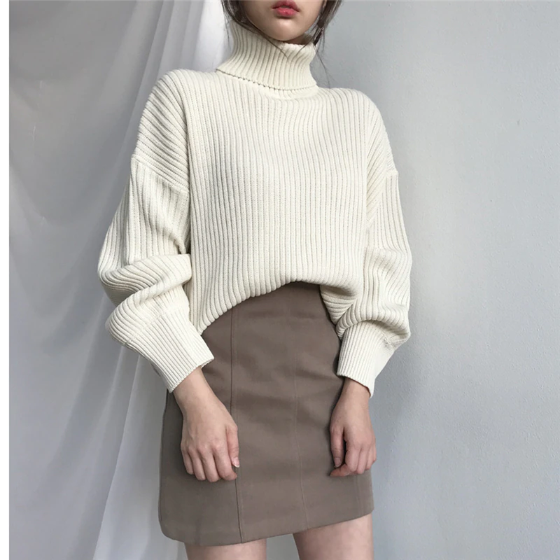 Oversize Knit Winter Women Pullovers Sweaters Turtleneck Lantern Sleeve Solid Basic 2021 Winter Casual Loose Tops W9112