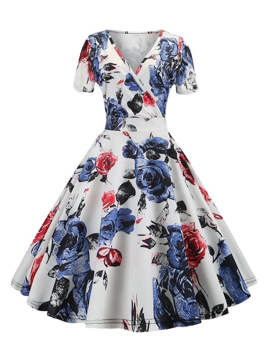 1950s Dress Deep V-neck Short-sleeved Floral Dress