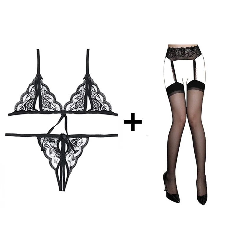 3 Pcs/Set Sexy Lingerie Set Women's Fashion Lace Ladies Black Bra Set Transparent Bra G-string Garter Set 2021 New Suit