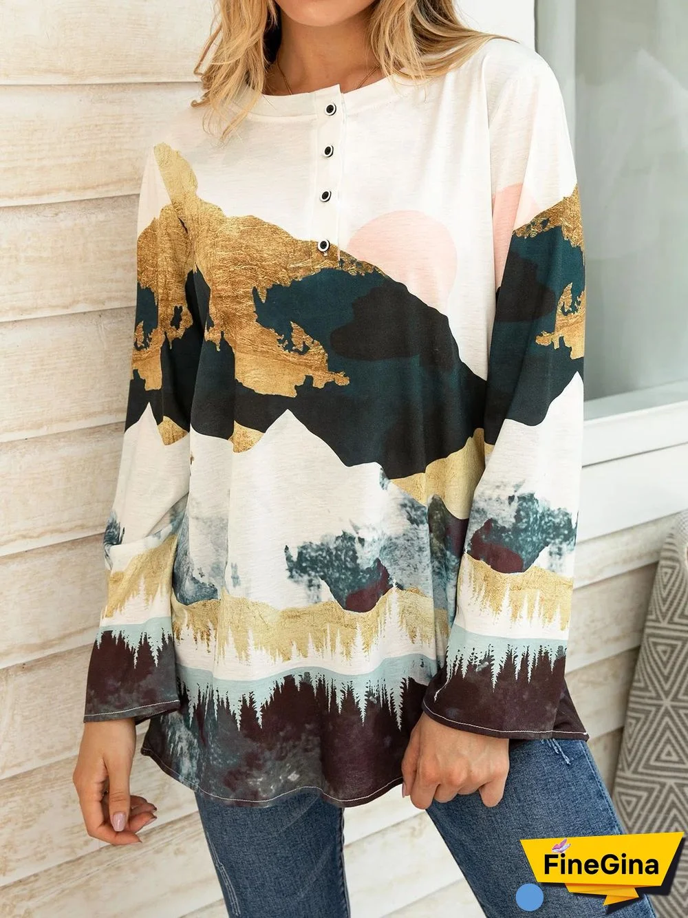 Color Pattern Autumn Round Neck Top