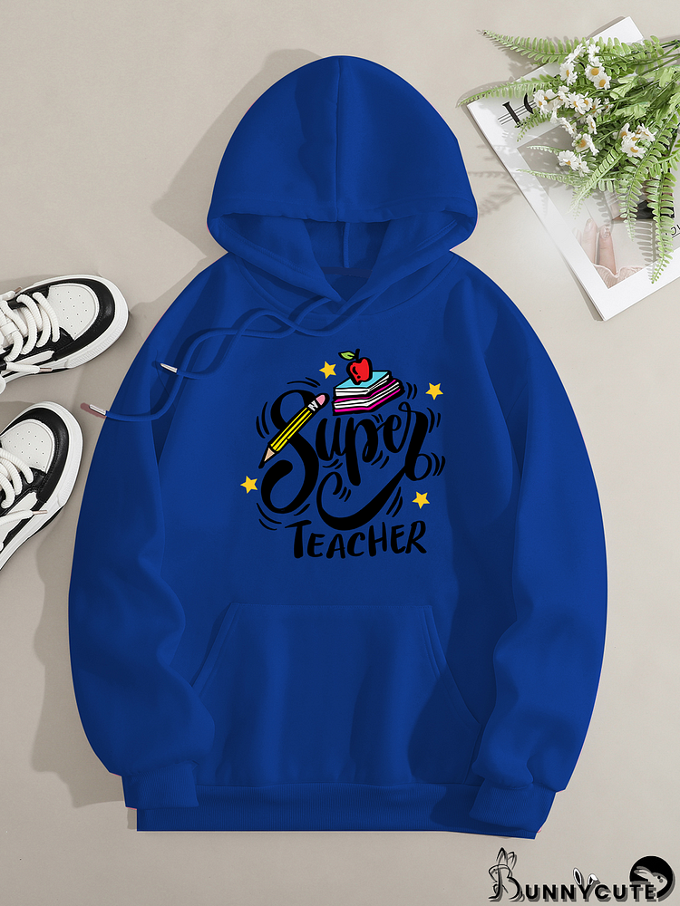 Printed on front Kangaroo Pocket Hoodie Long Sleeve for Women Pattern Colorful books and super teachers