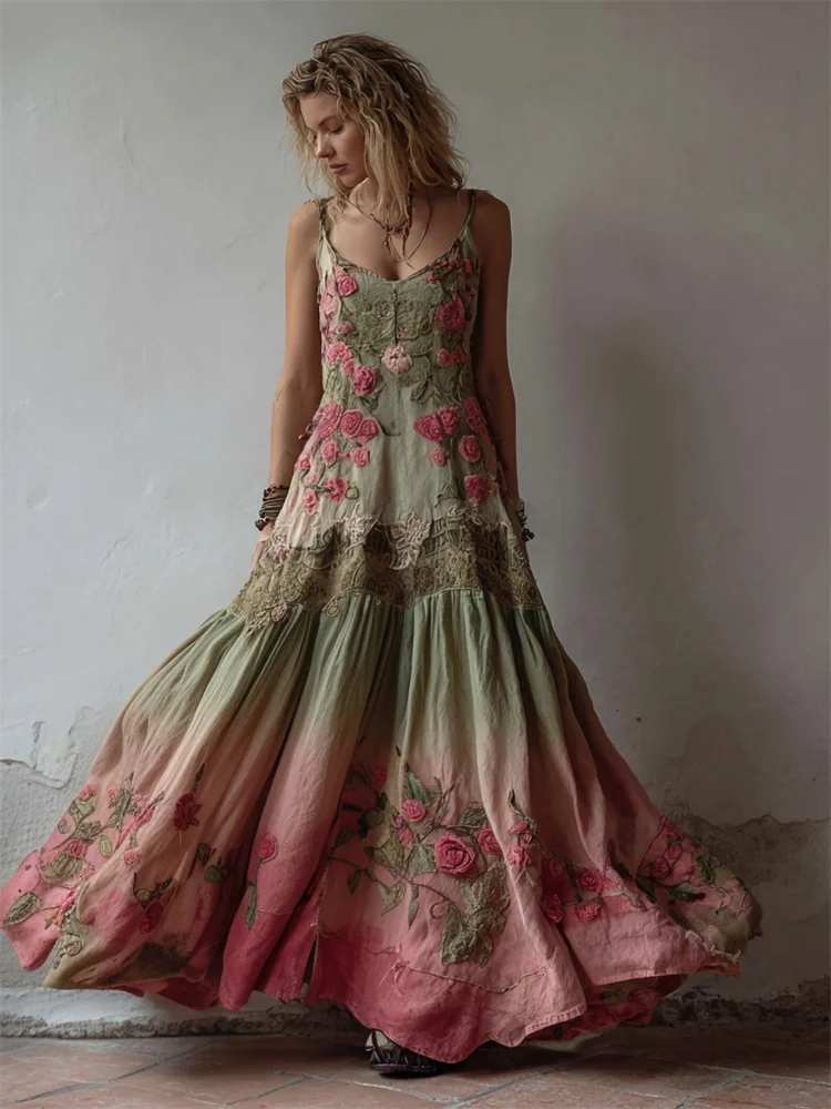 Vintage Pink Roses Natural Gradient Flowy Linen Maxi Dress