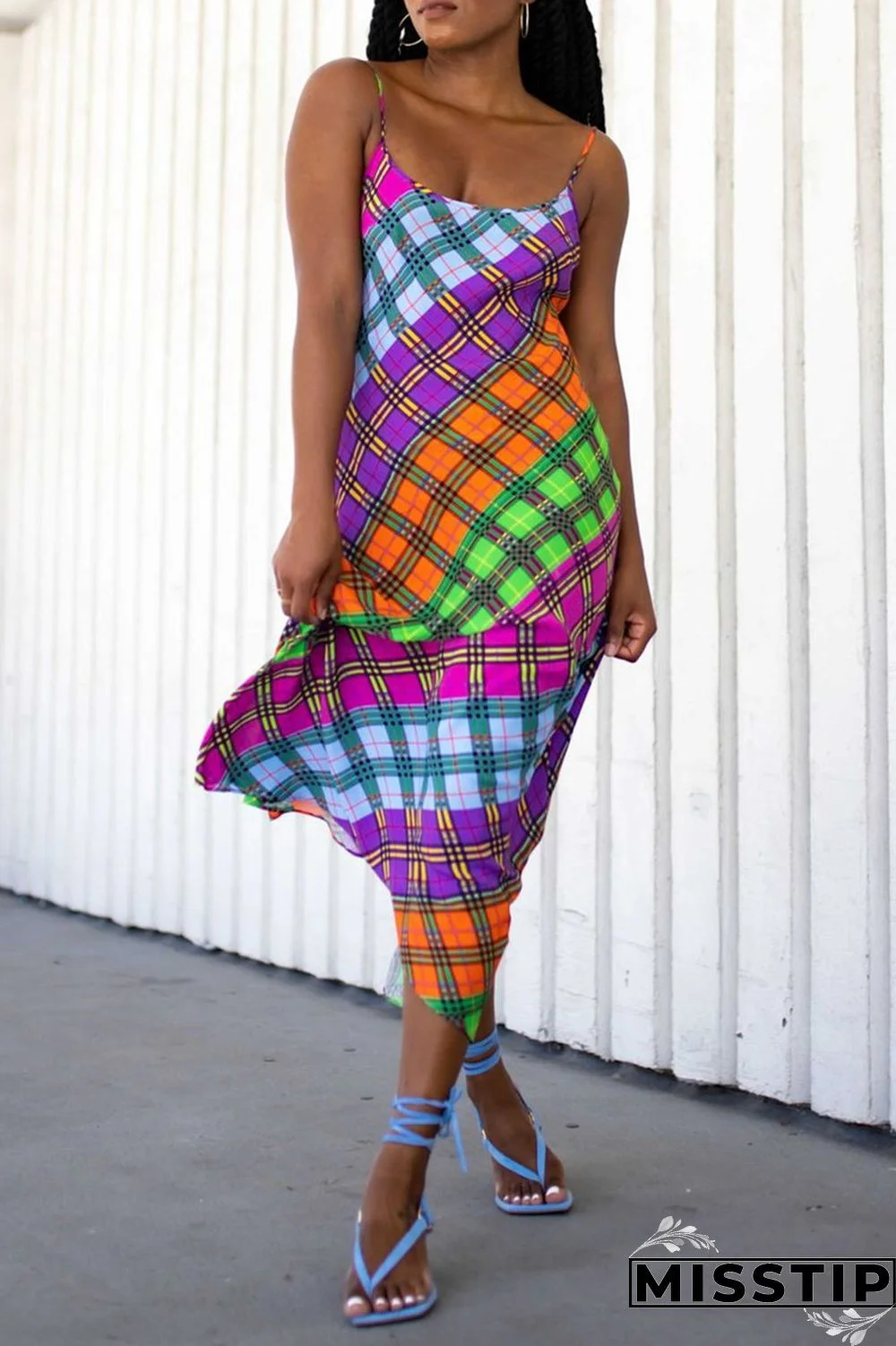 Colour Fashion Sexy Plaid Print Backless Spaghetti Strap Sleeveless Dress