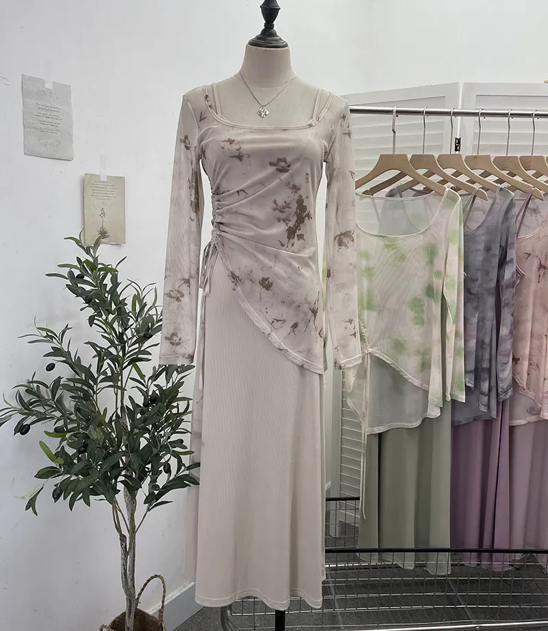 Churchf Dizzling U-Neck Rope Long-Sleeved Mesh Yarn Coat + Sling On The Back Of The Long Dress Two Sets 8859