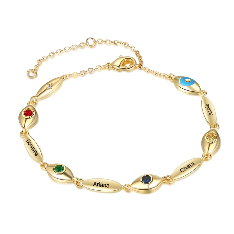 Pulsera personalizada con 4 ojos de 4 nombres y 4 piedras de nacimiento