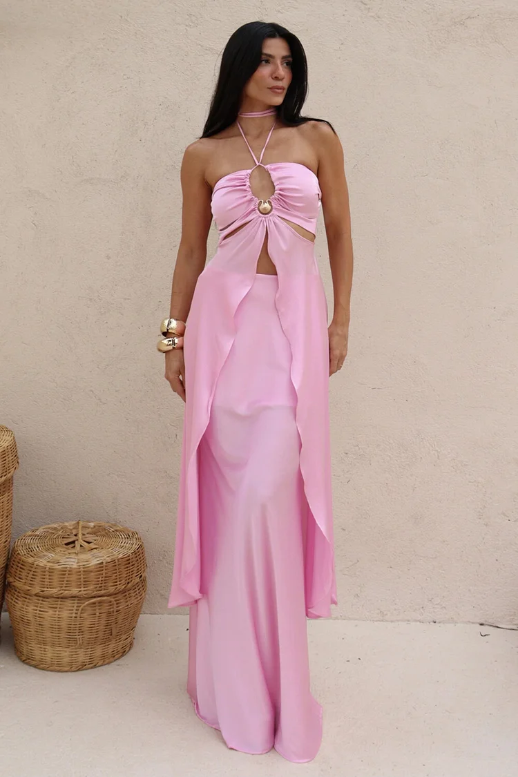 Ruched Tie Up Strapless Slit Top Plain Maxi Skirt 2pcs Set-Pink [Pre Order]