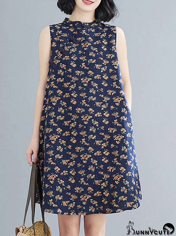 Floral Print Stand Collar Frog Button Sleeveless Vintage Dress