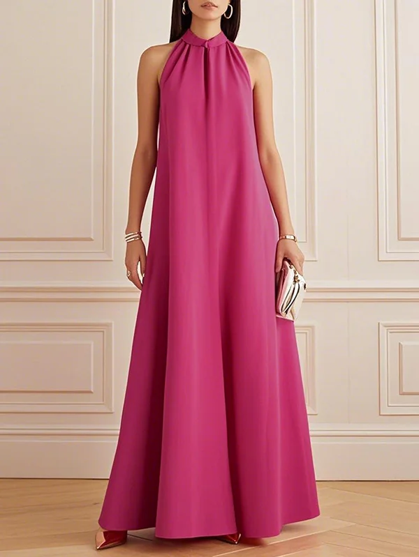 Pleated Solid Color A-Line Loose Mock Neck Maxi Dresses