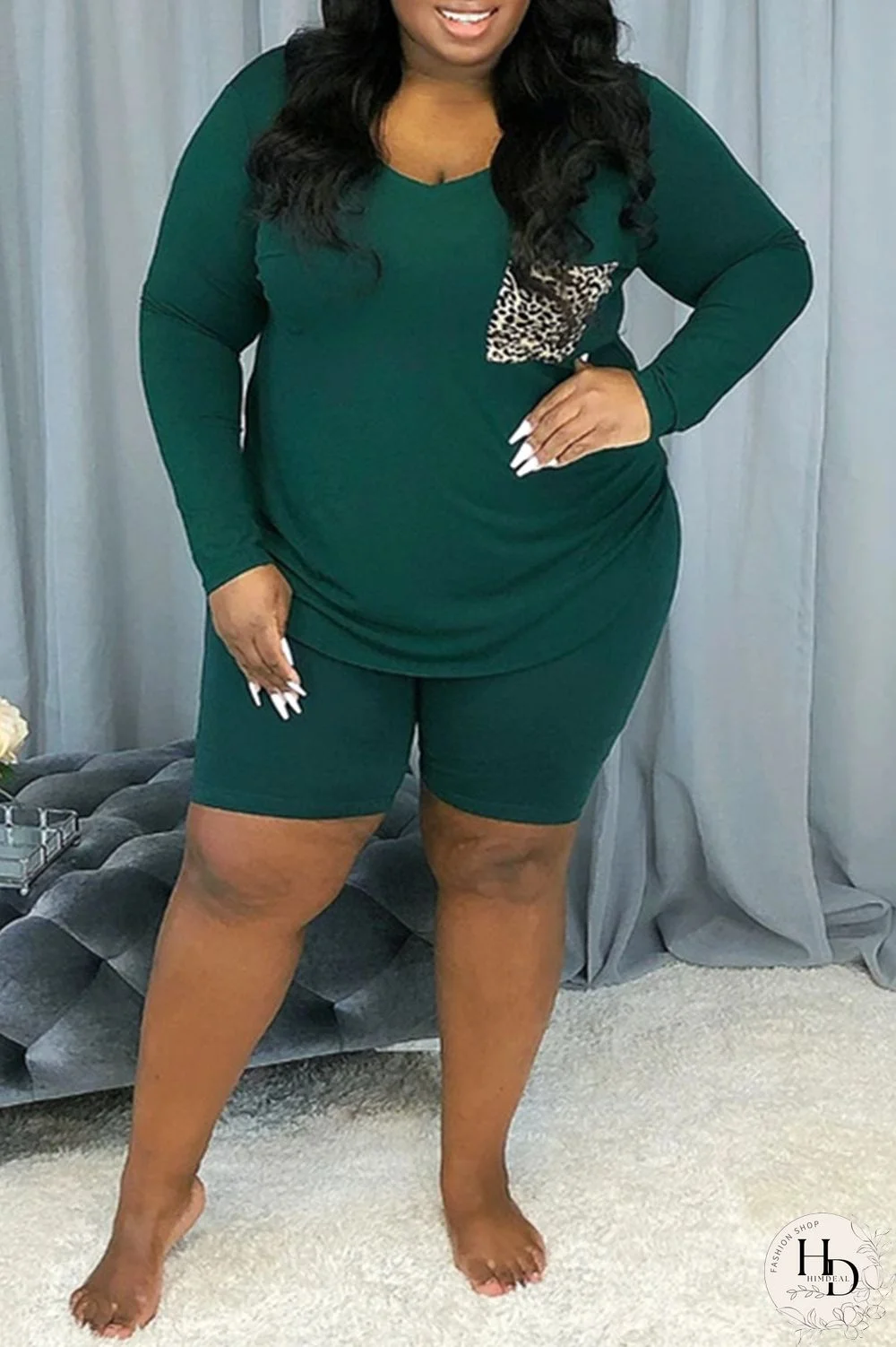 Ink Green Fashion Casual Patchwork Basic V Neck Plus Size Set