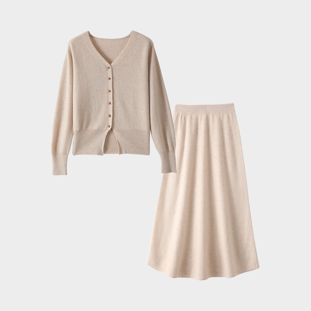 Women's Classic Tailored Oatmeal Cashmere Cardigan and Skirt Set | Casual Wear REAL SILK LIFE