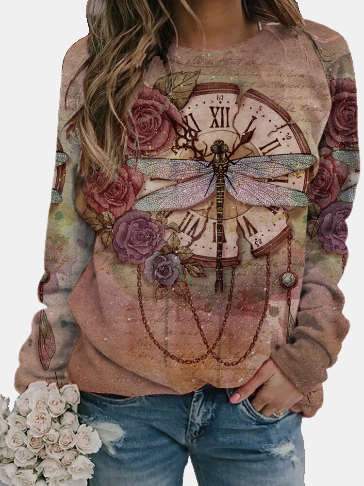 Vintage Dragonfly Printed Long Sleeve O neck T shirt For Women P1740292