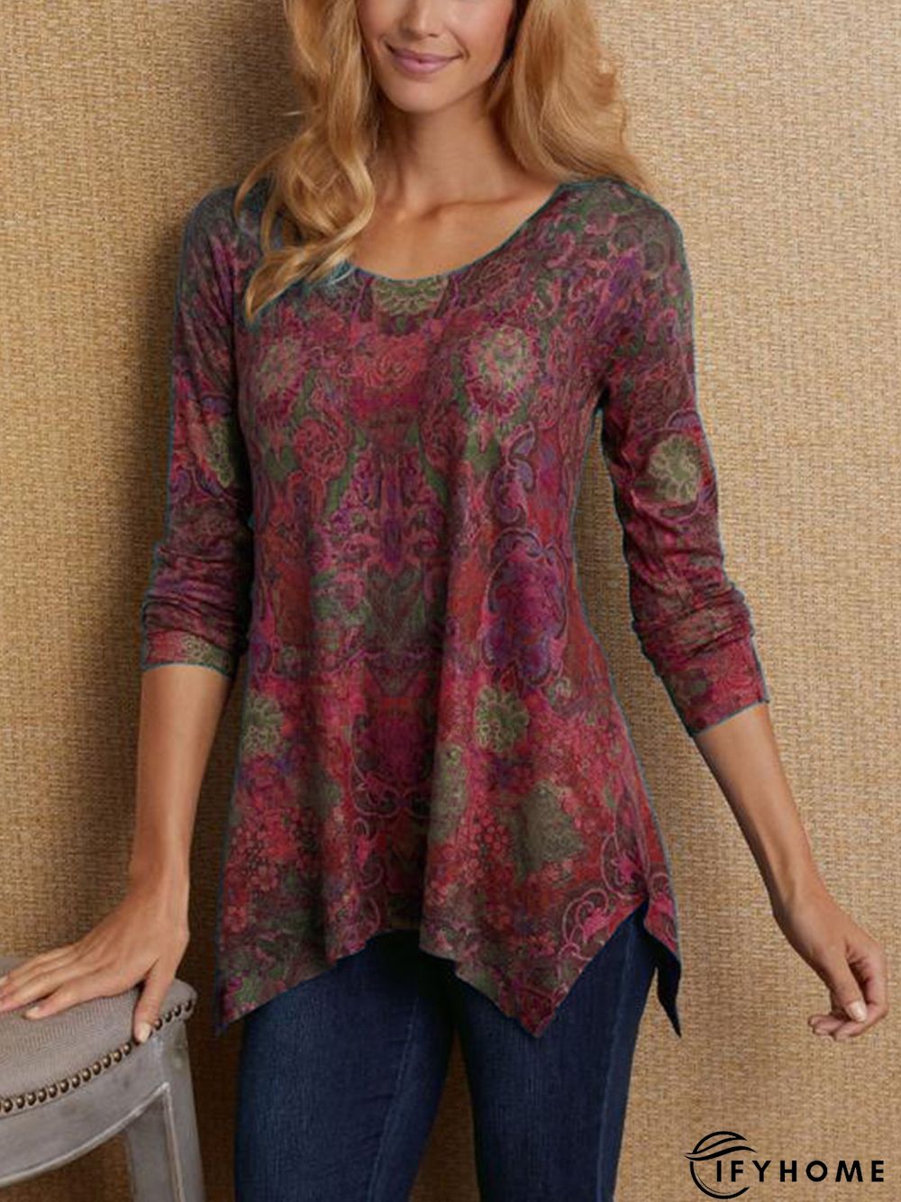 Abstract Crew Neck Vintage Printed Blouse | IFYHOME