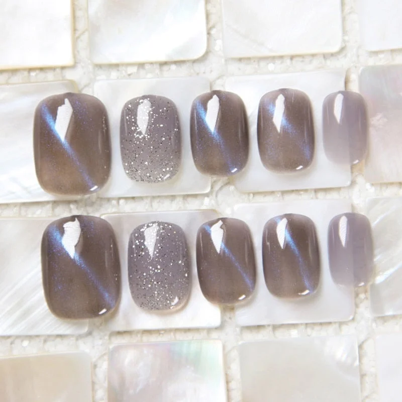 24pcs/box Wearable Finger Fake Nails press on Blue Grey Aurora Effect short size full cover Summer Patch  fake Fingernail tips-Nail Inspo