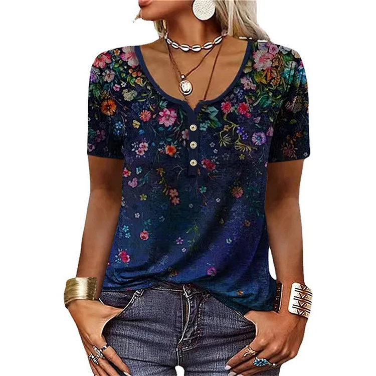 Gradient Floral Casual Short Sleeve  T-Shirt