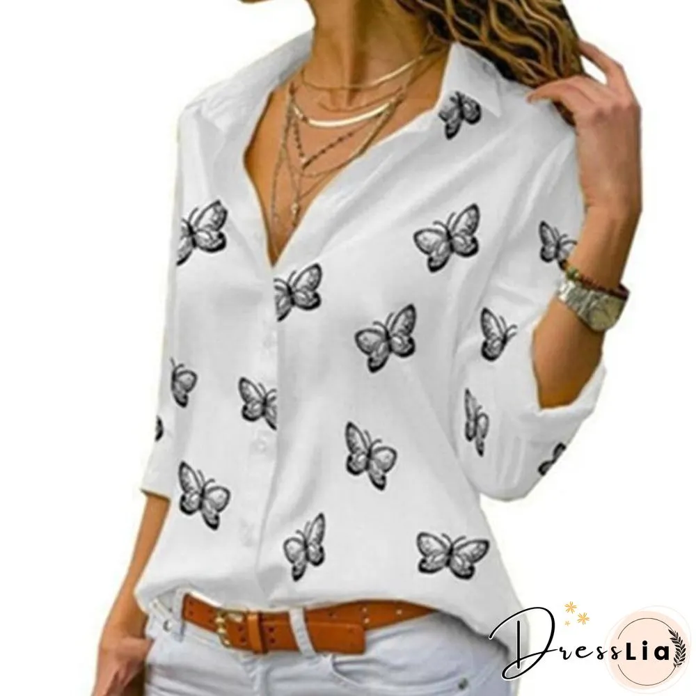 Flutter Print Womens Blouses Long-Sleeve Turn-Down Collar Blouse Shirt Casual Tops Elegant